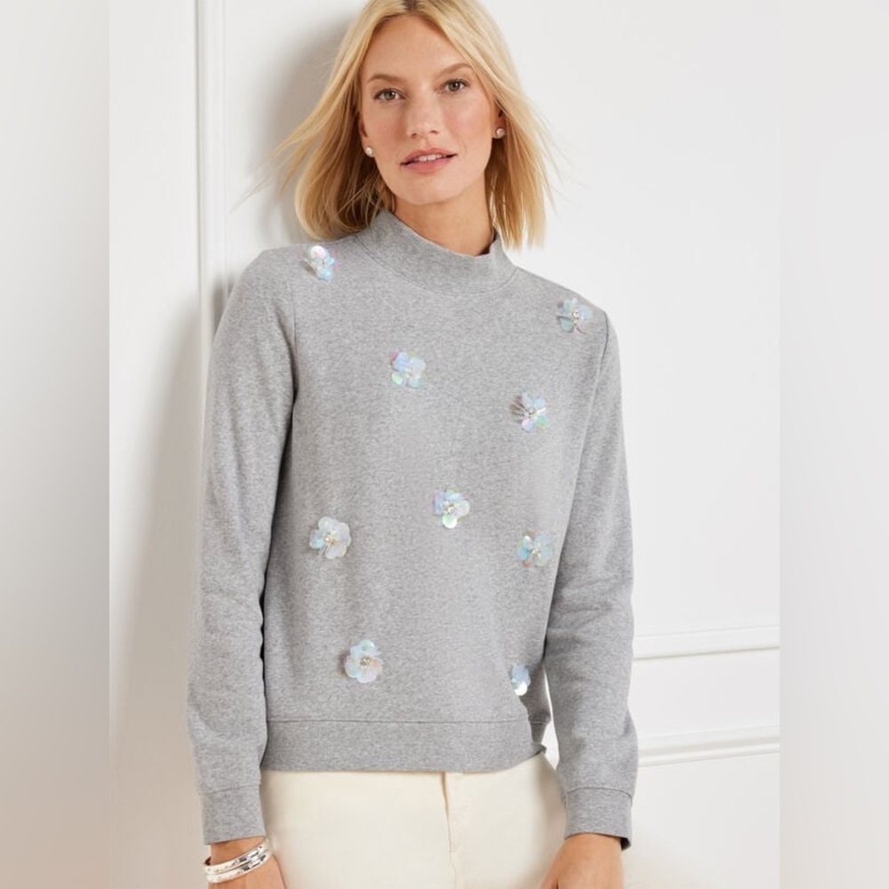 Talbots Gray Cotton Blend Embellished Mockneck Sweatshirt
